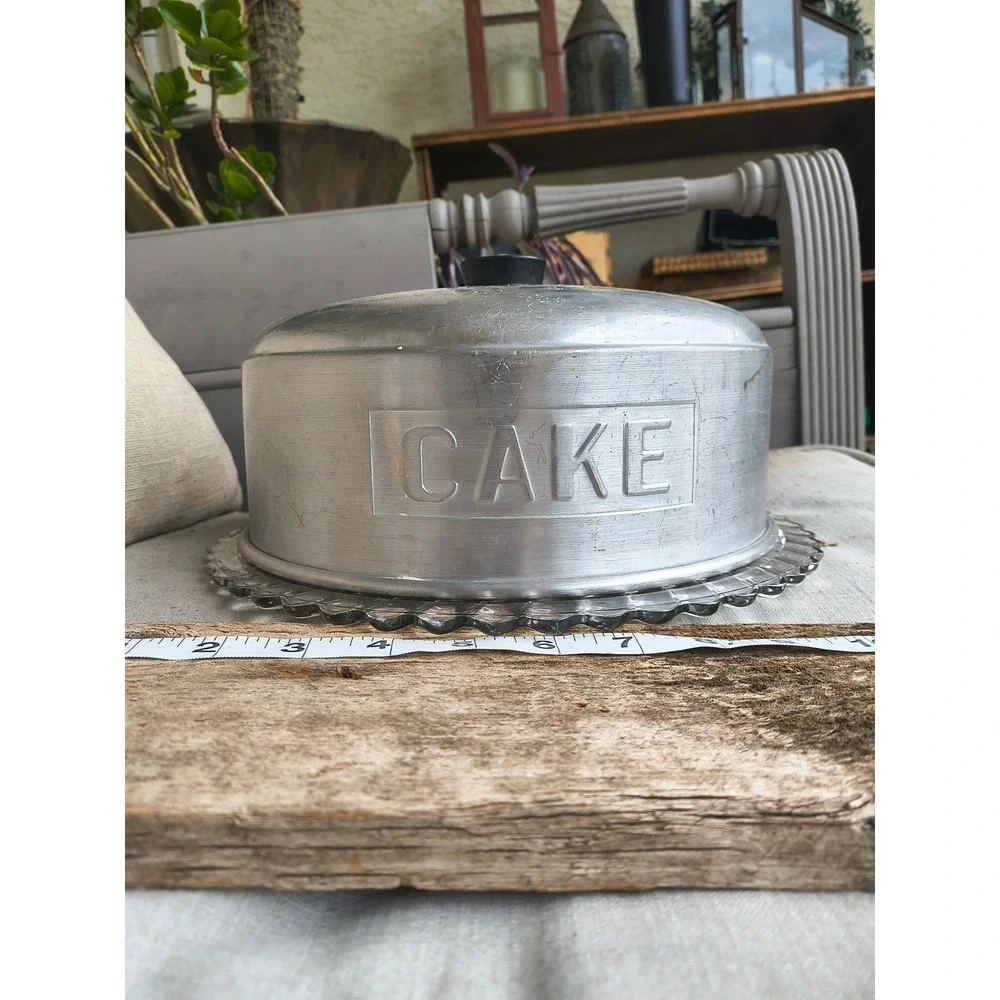 Vintage Aluminum Cake Carrier Embossed Lid Glass Sunburst Base Scalloped Edge 10